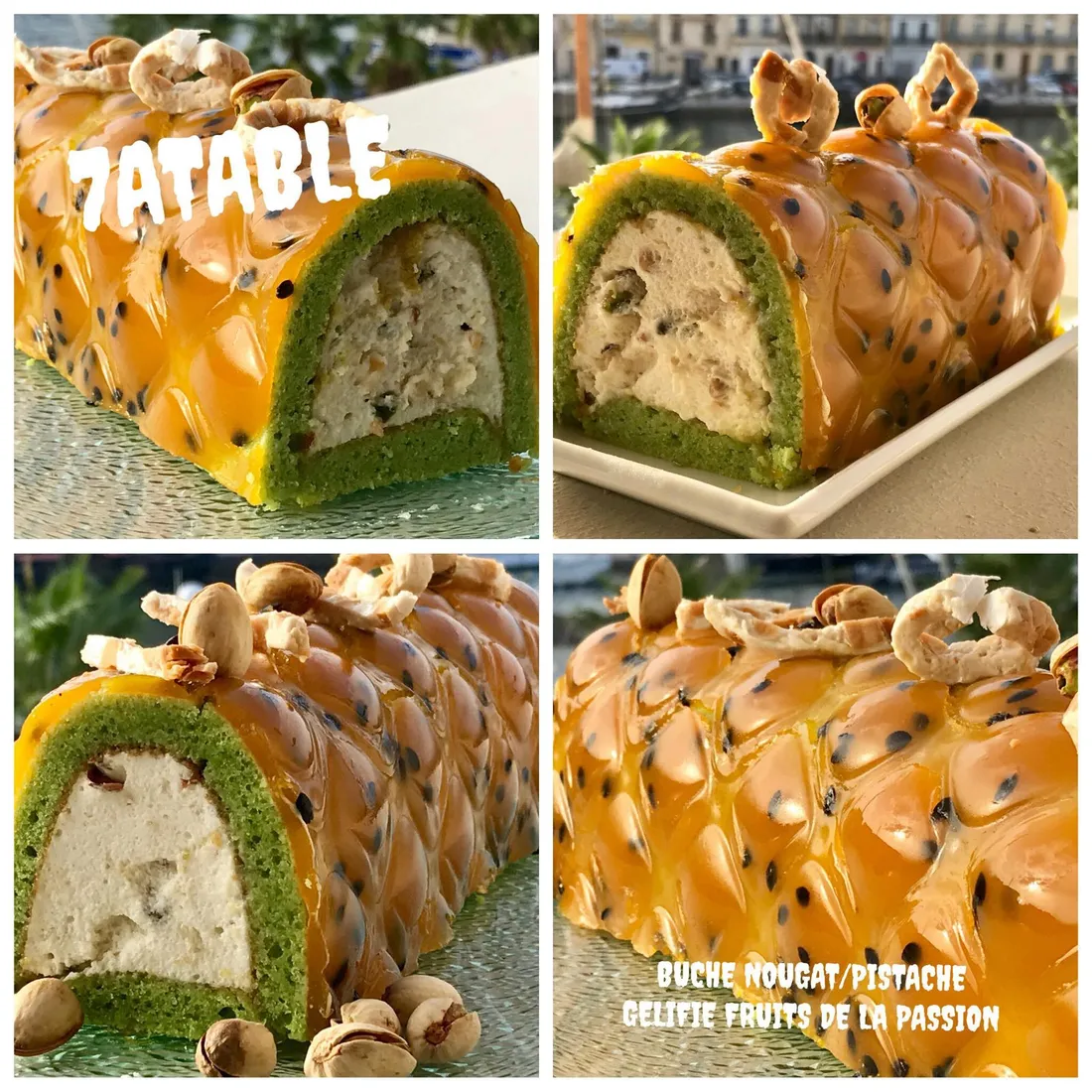 Bûche nougat gélifié fruits de la passion sur biscuit pistache