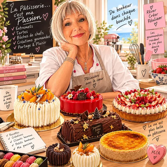 M.Ch dans sa cuisine, entourée de ses entremets, bûches et tartes